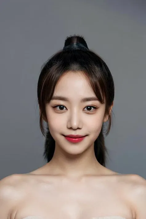 (masterpiece, top quality, best quality, (close-up photograph: 2), ((1girl)), korean, fair skin, (extremely detailed face), ((looking at viewer)),  (ultra-detailed eyes and pupils), ((bare pectorals)), ((bare chest)), ((tube dress)), bare head, (((bare shoulders))), symmetrical frame, (((strapless))), ((smile)), ((symmetrical pose)), (symmetrical face: 1.6), 35mm, minimal plain white background, direct lighting, long hair, bangs, no watermark <lora:karinalorashy:0.85>