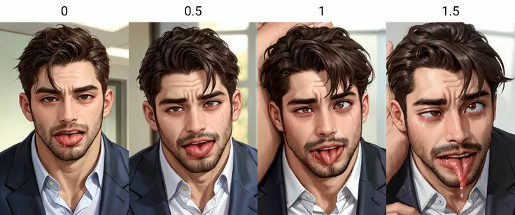 <lora:uneven-ahegao-wasabiya:0>, ((AHEHALF, TONGUE OUT,SALIVA,DROOLING,TREMBLING,CONSTRICTED PUPILS)), bara, mature, facial hair, male, business suit, face focus,