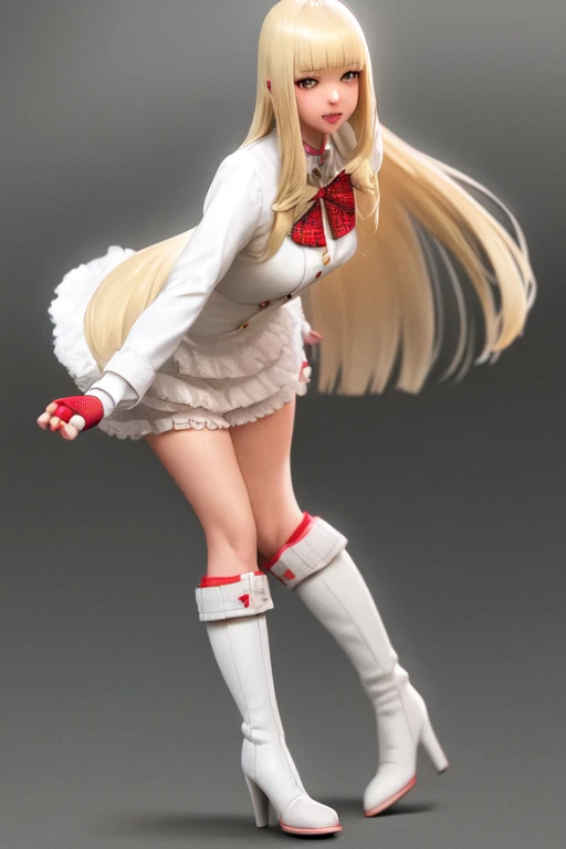 <lora:last2:1>,1girl,bangs,blonde hair,blunt bangs,boots,bowtie,fingerless gloves,high heel boots ,long hair,red bowtie,hime cut, white dress