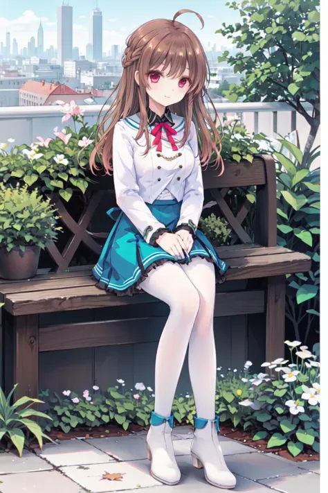 masterpiece, best quality,shiny,chromatic aberration abuse,pastel color,full body,
1girl,solo, <lora:Aoi2:0.4>aoisan,red eyes,ahoge, brown hair,smile,
<lora:liliai2:0.6>, liliai,white shoes,
cityscape, garden,sitting,white pantyhose,