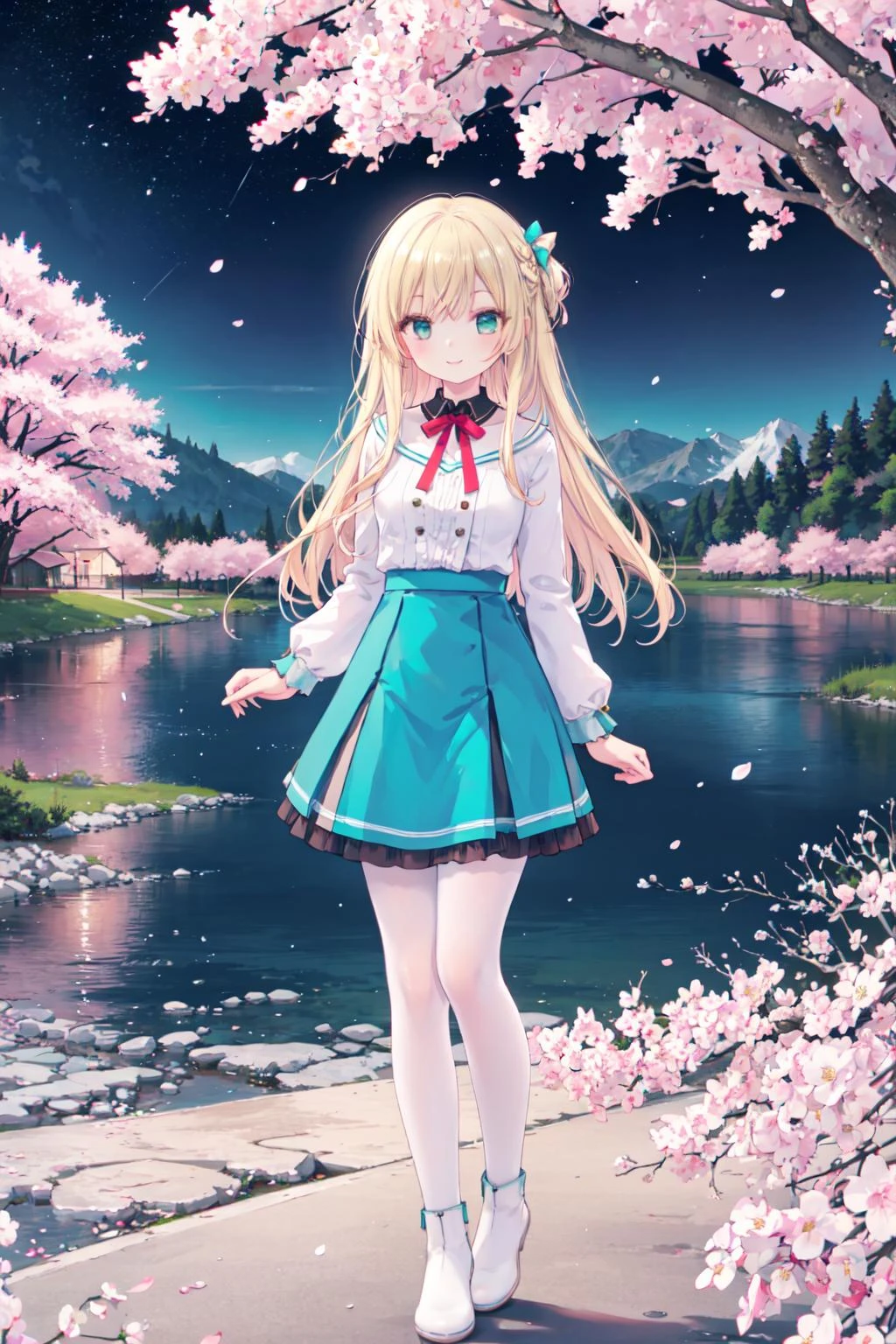 masterpiece, best quality,shiny,chromatic aberration abuse,pastel color,full body,
1girl,solo,straight hair,long hair,aqua eyes,blonde hair,smile,
cherry, cherry blossoms, cherry trees,
lake,night,starry sky, arms behind back,on back,
<lora:liliai2:0.5>, liliai,white footwear,frilled green skirt,white pantyhose,