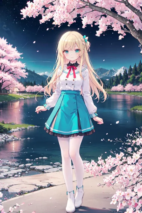 masterpiece, best quality,shiny,chromatic aberration abuse,pastel color,full body,
1girl,solo,straight hair,long hair,aqua eyes,blonde hair,smile,
 cherry, cherry blossoms, cherry trees,
lake,night,starry sky, arms behind back,on back, 
<lora:liliai2:0.5>, liliai,white footwear,frilled green skirt,white pantyhose,