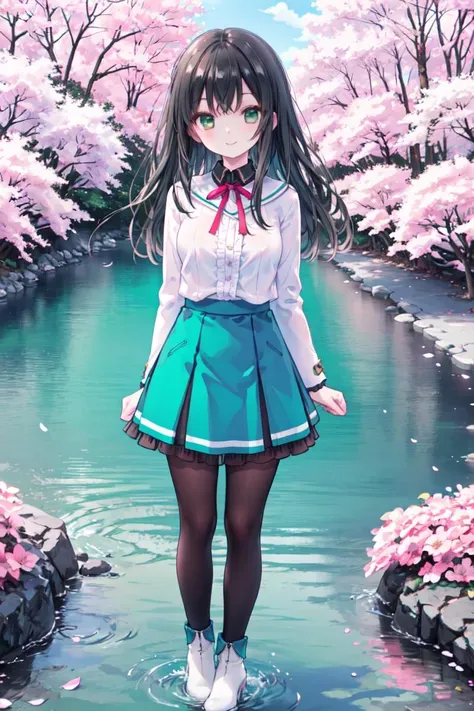 masterpiece, best quality,shiny,chromatic aberration abuse,pastel color,full body,
1girl, solo, green eyes, long hair, black hair, looking at viewer, ribbon, smile,
cherry, cherry blossoms, cherry trees,
round lake,stream, arms behind back,
<lora:liliai2:0.6> liliai,white footwear,frilled green skirt,wet clothes,black pantyhose,