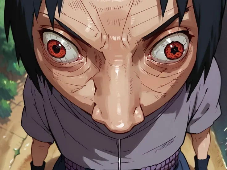 <lora:insanity-angle:0.8>, insanity-angle, <lora:NarutoConceptStyle:0.8>, <lora:Sasuke_Uchiha_Naruto_Shippuden_PonyXL:0.8>, 1boy, Sasuke Uchiha, red eyes, sharingan, sharingan eyes, uchiha saske, black hair, spiky hair, black eyes, gray shirt with short sleeves, black arm guard, light purple belt, purple skirt, pants, sandals, standing, hebi outfit, forest, upper body, close-up, pov, solo, outdoors, from above, <lora:Seung_Eun_Kim-000020:0.8>, score_9, score_8_up, score_7_up, realistic