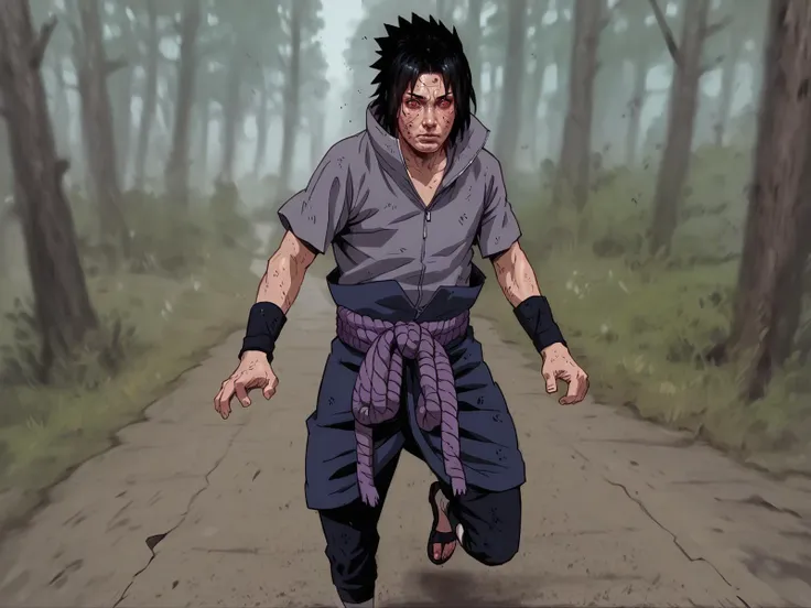 <lora:NarutoConceptStyle:0.8>, <lora:Sasuke_Uchiha_Naruto_Shippuden_PonyXL:0.8>, 1boy, Sasuke Uchiha, red eyes, sharingan, sharingan eyes, black hair, spiky hair, gray shirt with short sleeves, black arm guard, light purple belt, purple skirt, pants, sandals, running, dynamic, forest, solo, outdoors, <lora:Seung_Eun_Kim-000020:0.8>, score_9, score_8_up, score_7_up, realistic