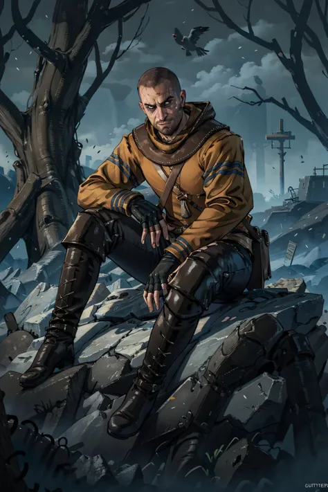 (masterpiece, best quality:1.2), <lora:gaunter:0.7>,gaunterW3_soul3142, fingerless gloves, sitting, boots, facial hair, very short hair, , horror theme