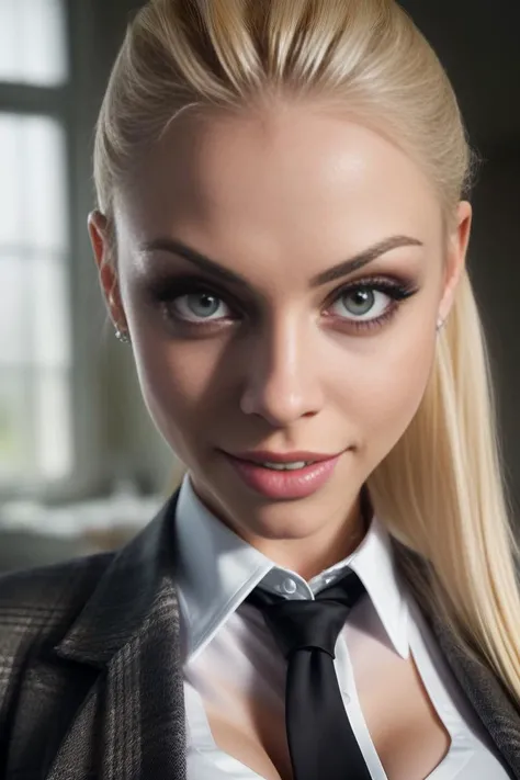 photo of (S100_JesseJane:.99) a woman, beautiful face,perfect face(wearing school uniform,white shirt, collared shirt,formal jacket,necktie, pink skirt, plaid_skirt,boots,Black_boots)(flirty smile)(posing dynamically)slim waist (Perfect round breasts,hourglass body) (beautiful face,perfect face,extremely detailed face) (best quality) (detailed skin:1.2) (8k) (HDR) (cinematic lighting) (sharp focus)(dark eyeshadow makeup)(beautiful detailed eyes,pretty eyes)(realistic pupils,realistic iris:1)(Background is empty bathroom) <lyco:GoodHands-beta2:.70> <lora:beautifulDetailedEyes_v10:.50> <lora:add_detail:.70>