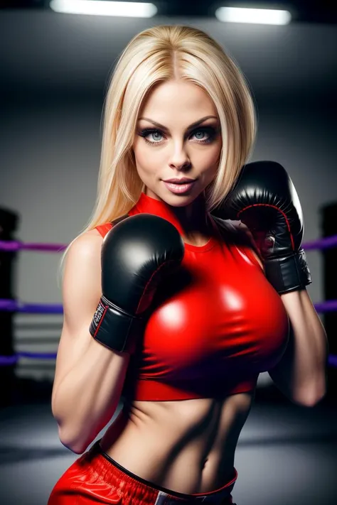 Gorgeous and stunning American blonde girl, 18 years old, (black boxing shorts), (sexy boxing shorts), blue eyes, stylish blonde hair, ((topless, exposed chest)), muscular arms, toned body, boxing gloves, pink lipstick, heavy makeup, slutty makeup, intimidating pose in a boxing ring, full body portrait,