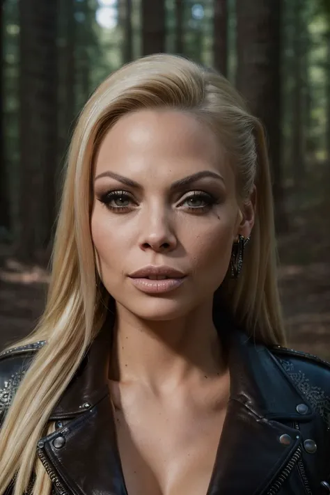 closeup headshot of S100_JesseJane, a beautiful woman, in the (woods), wearing a (leather-jacket:1.1), makeup, (8k, RAW photo, best quality, depth of field, ultra high res:1.2), (absurdres, intricate, photorealistic, masterpiece, ultra-detailed, Unreal Engine:1.3)