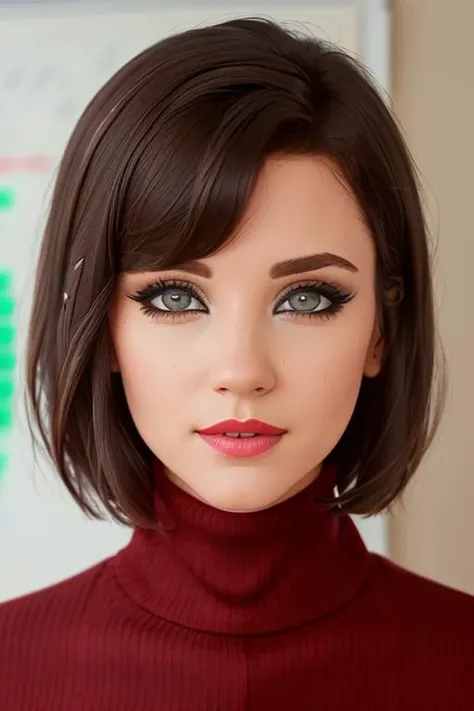 photo of <lora:teenybemily-06:0.5>, teenybemily, a woman, ((dark brown hair, short hair):1.1)), ((turtleneck sweater, jacket):1.1)), ((closeup, portrait):1.2), (( conference room, whiteboard):1.2), ((red lipstick,eyeliner, eye shadow, blush)), ((best quality, masterpiece, extreme details, high resolution):1.2),((detailed eyes, beautiful eyes, detailed face, beautiful face):1.2)
