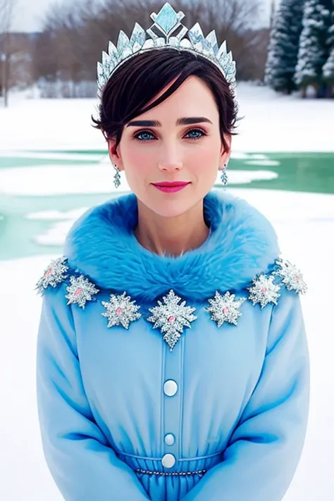 (Happy:1.3) jenniferconnelly, Ice Queen Crown, crystal jewelry, snow kingdom in background, <lora:jenniferConnelly_shurikV1:0.5>, short hair, view if bird,(Electric Colors:0.8)