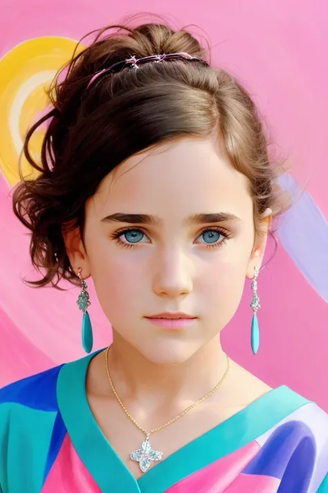 10 year old girl [ jenniferconnelly| ], brilliant jewelry, Saint-Tropez in background, <lora:jenniferConnelly_shurikV1:0.5>,,(by Artist Arthur Adams:0.9),(Abstract Art:0.9),(Pastel Colors:0.8),(close portrait:1.3),(Feminine:1.4),(beautiful:1.4),(attractive:1.3),handsome,calendar pose,perfectly detailed eyes,studio lighting,thematic background
