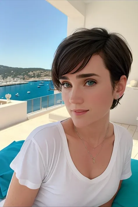 a=white, jenniferconnelly, b=blue, [a|b], glow jewelry, windows on Saint-Tropez in background, <lora:jenniferConnelly_shurikV1:0.8>, short hair, smirking while lying on the bed, t-shirt