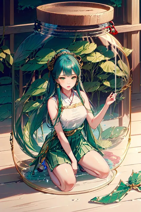 best quality, intricate details, highres,(beautiful detailed water:1.4), covered nipples,((hanfu, song style outfits, 1girl in glass jar, green short shan, white pleated skirt, red songmo):1.2),<lora:hanfu_song_v31:0.65>,yellow eyes,<lora:eyesgenLoraWIP_v1:0.4>,<lora:girlsInGlassJars_v3:0.75>
