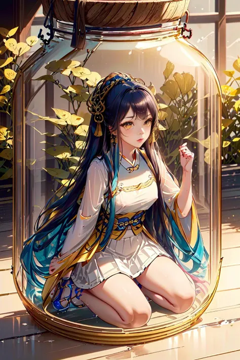 best quality, intricate details, highres,(beautiful detailed water:1.4), covered nipples,((hanfu, song style outfits, 1girl in glass jar, yellow with white short shan, translucent white pleated skirt, red songmo):1.2),<lora:hanfu_song_v31:0.7>,yellow eyes,<lora:eyesgenLoraWIP_v1:0.4>,<lora:girlsInGlassJars_v3:0.75>