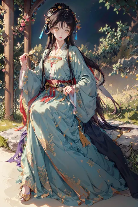masterpiece, professional lighting, photon mapping, radiosity, physically-based rendering,1girl, full body,absurdres, highres, skyline, beautiful detailed sky, covered nipples,(yellow hanfu, jin style),<lora:hanfu_v30:0.55>,yellow eyes,<lora:eyesgenLoraWIP_v1:0.4>,