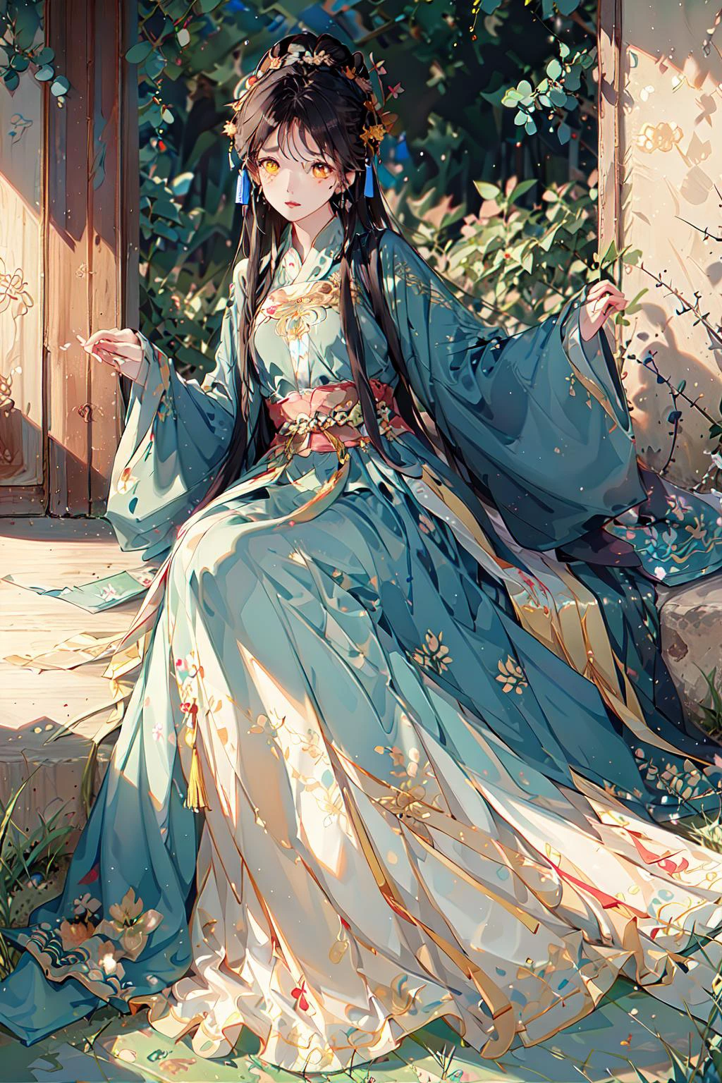 masterpiece, professional lighting, photon mapping, radiosity, physically-based rendering,1girl, absurdres, highres, skyline, beautiful detailed sky, covered nipples,(hanfu, ming style,full body),<lora:hanfu_v30:0.65>,yellow eyes,<lora:eyesgenLoraWIP_v1:0.4>,