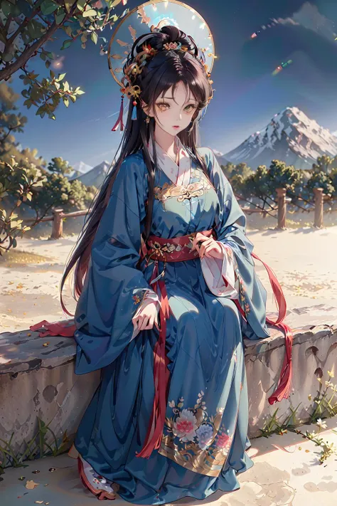 masterpiece, professional lighting, photon mapping, radiosity, physically-based rendering,1girl, full body,absurdres, highres, skyline, beautiful detailed sky, covered nipples,(hanfu, ming style),<lora:hanfu_v30:0.55>,yellow eyes,<lora:eyesgenLoraWIP_v1:0.4>,