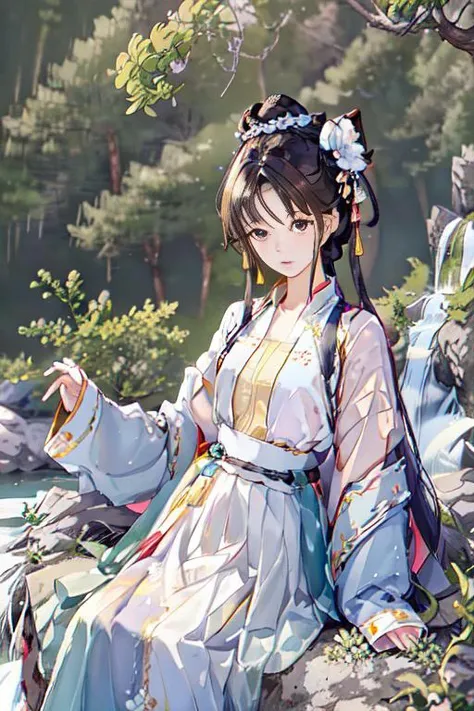shukezouma,masterpiece, highres, best quality, professional lighting, photon mapping, radiosity, physically-based rendering,1girl solo, sitting,countless waterfalls flowing down from the mountains, pine trees and flowering trees,hanfu, tang style outfits, white long upper shan, blue with white pleated skirt,yellow waistband <lora:hanfu_v30Song:1>