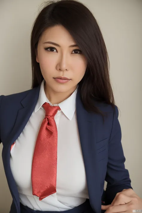 (masterpiece:1.4), (best quality), (detailed), 1girl, mature female, facing viewer, business suit, black suit, red tie, tie, close-up, upper body, <lora:anri_okitaV1:0.7>, anri okita
