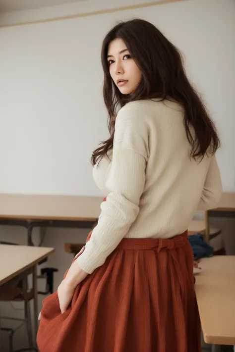(masterpiece:1.4), (best quality), (detailed), 1girl, mature female, facing away, looking at viewer, teacher, teacher, long skirt, plaid skirt, sweater, knit sweater, red sweater, tight, close-up, upper body, <lora:anri_okitaV1:0.7>, anri okita, school, classroom, chalkboard,