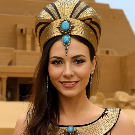 Photo of (ohwx woman) <lora:VictoriaJustice:1> as an Egyptian queen, serpent headdress, golden serpent jewelry. pyramids, Egypt