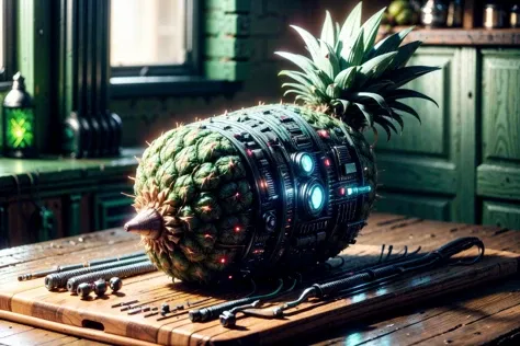 RAW photo of a (circuitrytech:1.3 <lora:CircuitryTech-20:1> style ripe pineapple sitting upright), sitting on a cutting board in a farmhouse kitchen <lora:more_details:1>