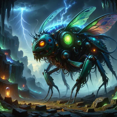 circuitrytech towering insectoid monstrosity, Glowing caverns harboring mysterious luminescent creatures, Dreamyvibes Artstyle,, Storm Lighting, ral-colorswirl, sharp focus, glowing, scifi nebula background, 4k, hyperrealistic, Cryengine, octane render, trending on artstation, greg rutkowski very coherent symmetrical artwork, cinematic, hyper realism, high detail, octane render, 8k<lora:CircuitryTechXL:0.8> <lora:Dreamyvibes artstyle SDXL - Trigger with dreamyvibes artstyle:0.7> <lora:SDXLFaeTastic2400:0.4> <lora:ral-colorswirl:0.7>