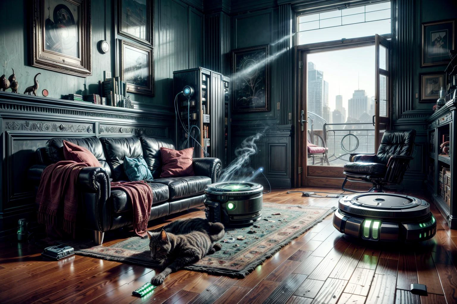 RAW photo of a (scifi, cables, circuitrytech roomba floor vacuum cleaner ), chasing a cat though a living room with a leather sofa and chair, a floor rug<lora:CircuitryTech-20:.8> <lora:more_details:1>