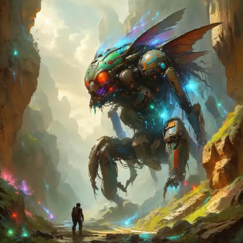 circuitrytech towering insectoid monstrosity, Echoing canyons carved by cosmic forces, digital painting,, Spotlighting, Gorgeous splash of vibrant paint, sharp focus, glowing, scifi nebula, unique environment, art by greg rutkowski and alphonse mucha, (singularity:1.33), 3 6 0 projection<lora:CircuitryTechXL:0.8> <lora:EldritchDigitalArt1.0:0.8> <lora:MJ52:0.4> <lora:gorgoeus_splash_of_vibrant_paint:0.7>