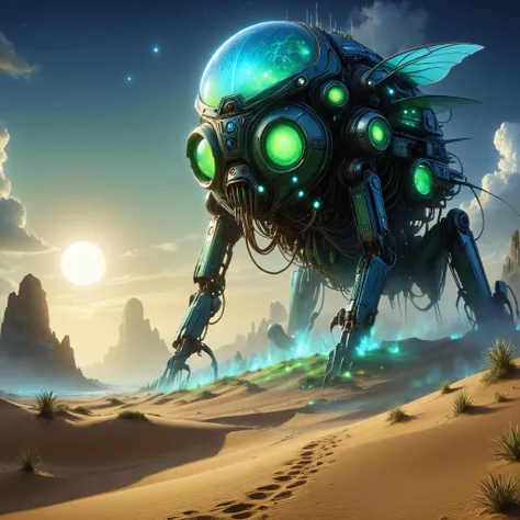 circuitrytech towering insectoid monstrosity, Sand dunes shifting under bioluminescent moons, liminal,, dense light rays, Dreamyvibes Artstyle, sharp focus, glowing, scifi digital painting, artstation, unreal engine, 4k wallpaper, greg rutkowski, concept art, artstation<lora:CircuitryTechXL:0.8> <lora:d\EnvyLiminalXL01:0.7> <lora:SDXLFaeTastic2400:0.4> <lora:Dreamyvibes artstyle SDXL - Trigger with dreamyvibes artstyle:0.7>
