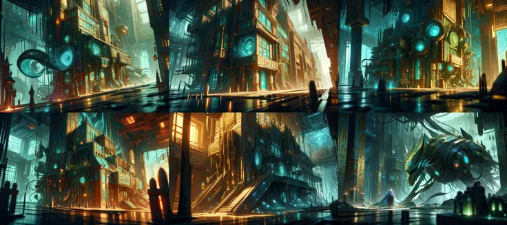 (otherworldly, otherworldly atmosphere, otherworldly appearance), highly insanely detailed, masterpiece, top quality, best quality, highres, 4k, 8k, RAW photo, ((ancient egyptian theme:1.2)), 
(mystical theme), mystical gatmosphere, arcane sanctuaries, otherwordly aura, 
(long_hair, long hair, random colors hair, glowing hair, hair over one eye, long messy hair), 
(eyelashes, eyeliner, eyeshadow, eyelashes, long eyelashes), 
collar, earrings, jewelry, necklace, armlet, 
tentacle, (underwater), nsfw, 
Homestay, Resort, Guest House, 
building, structure, still life, swirling energy, 
action pose, 
drunk, closed eyes, 
abandoned building, shopping mall, overgrown with vegetation, [volumetric fog], cinematic lighting, colorful, 
<lora:CircuitryTech-20:0.8>, circuitrytech, scifi, cables, cmos circuitry, copper, 
futuristic kitchen, (fantasy world)