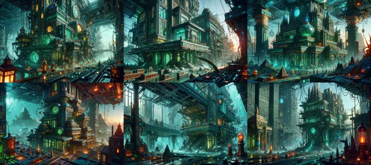 (otherworldly, otherworldly atmosphere, otherworldly appearance), highly insanely detailed, masterpiece, top quality, best quality, highres, 4k, 8k, RAW photo, ((ancient egyptian theme:1.2)), 
(mystical theme), mystical gatmosphere, arcane sanctuaries, otherwordly aura, 
(long_hair, long hair, random colors hair, glowing hair, hair over one eye, long messy hair), 
(eyelashes, eyeliner, eyeshadow, eyelashes, long eyelashes), 
collar, earrings, jewelry, necklace, armlet, 
tentacle, (underwater), nsfw, 
Homestay, Resort, Guest House, 
building, structure, still life, swirling energy, 
action pose, 
drunk, closed eyes, 
abandoned building, shopping mall, overgrown with vegetation, [volumetric fog], cinematic lighting, colorful, 
<lora:CircuitryTech-20:0.8>, circuitrytech, scifi, cables, cmos circuitry, copper, 
futuristic kitchen, (fantasy world)
