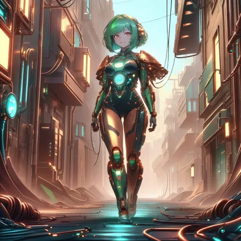 <lora:CircuitryTech-20:0.6>, circuitrytech ,scifi, cables, cmos circuitry, copper , <lora:GoldenTech-20:0.8> goldentech,
,closeup, seductive smile, best quality, bob cut, red eyes, green hair,multicolored hair, aqua hair, 1girl, standing in an alleyway , full body, glowing eyes,