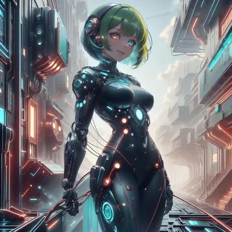 <lora:CircuitryTech-20:0.7>, circuitrytech ,scifi, cables, cmos circuitry, copper ,<lora:LEDarrayTech-20:0.7>,LEDarrayTech, <lora:StealthTech-20:0.3> stealthtech ,
cowboy shot,closeup, seductive smile, best quality, bob cut, red eyes, green hair,multicolored hair, aqua hair, 1girl, standing in an alleyway , full body, glowing eyes,