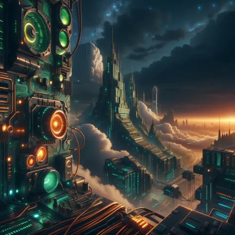 <lora:CircuitryTech-20:0.8>, circuitrytech ,scifi, cables, cmos circuitry, copper ,
city, buildings, rooftop view, windows, airships , city lights, night sky, starry sky,silhouette