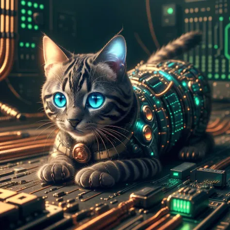 <lora:CircuitryTech-20:0.8>, circuitrytech ,scifi, cables, cmos circuitry, copper ,
armored kitten, animal, on a carpet , dark room,