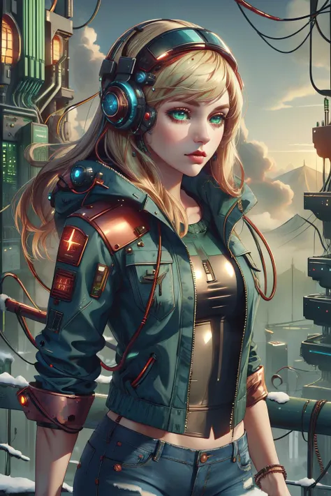 (masterpiece, best quality, hires, high resolution:1.2),1girl,solo,ash-blond hair,light green eyes,fair skin,jacket,jeans,winter forest,circuitrytech,scifi,cables,cmos circuitry,copper,<lora:CircuitryTech:1>,