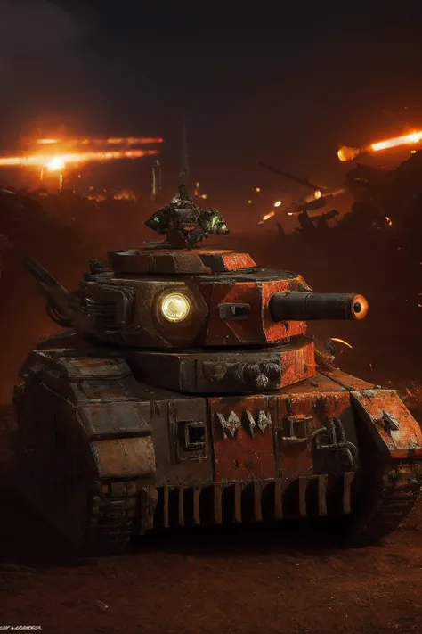lmnrsstnk,, ground vehicle, tank, vehicle focus <lora:Leman_Russ_Battle_Tank_-_Warhammer_40000:0.8> <lora:orkz:0.6> red armor, spikes, checkerboard, orkz, alien planet,battlefield