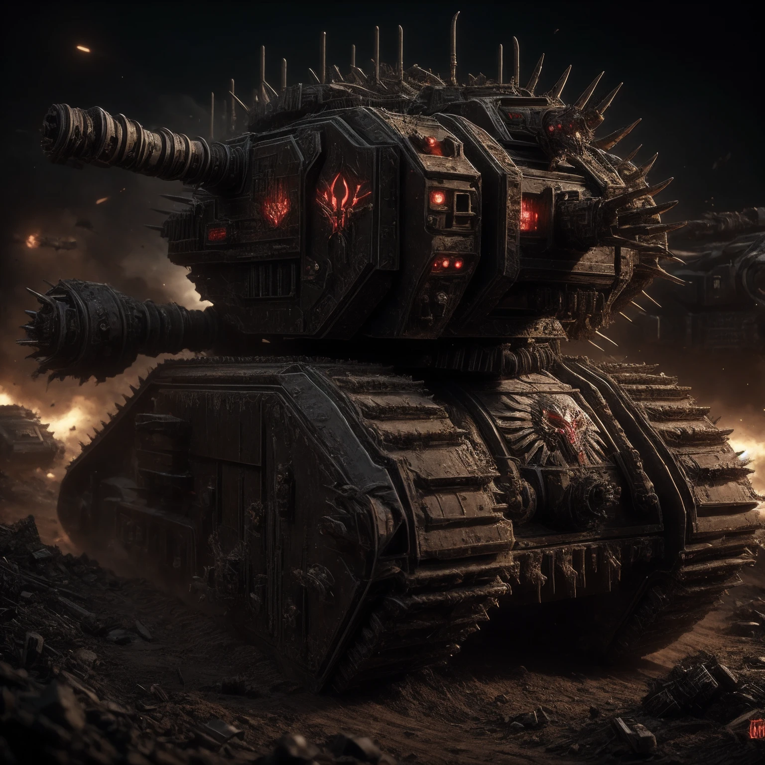lmnrsstnk, ChaosMarineStyleAI, ground vehicle, tank, vehicle focus <lora:Leman_Russ_Battle_Tank_-_Warhammer_40000:0.7> <lora:ChaosMarineStyleAISD15:0.7>