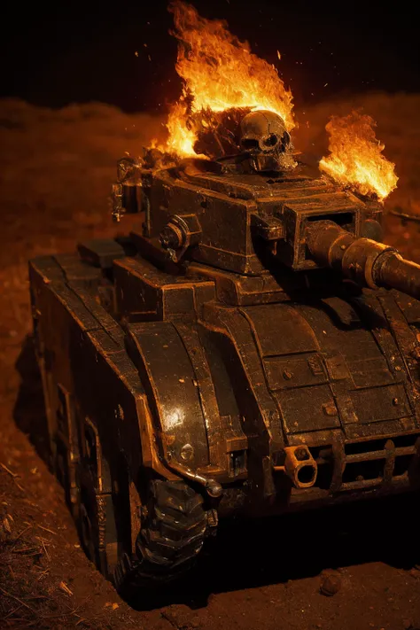 lmnrsstnk,, ground vehicle, tank, vehicle focus <lora:Leman_Russ_Battle_Tank_-_Warhammer_40000:0.8> <lora:Legion of the Damned MK1 by CARAXES:0.6> damned, skull, burning, weapon, , fire,