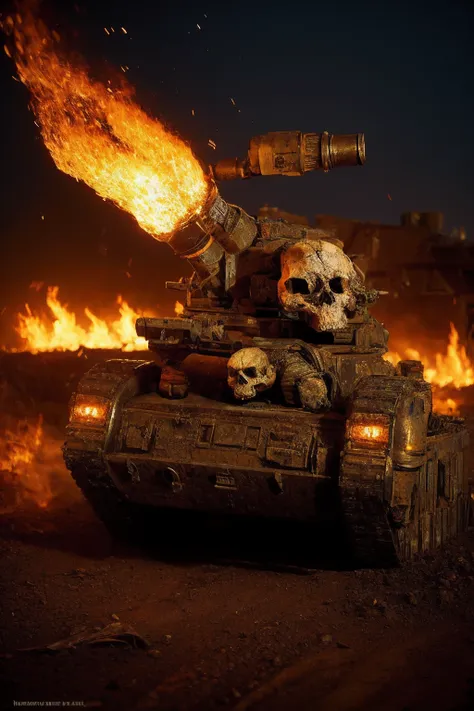 lmnrsstnk,, ground vehicle, tank, vehicle focus <lora:Leman_Russ_Battle_Tank_-_Warhammer_40000:0.8> <lora:Legion of the Damned MK1 by CARAXES:0.6> damned, skull, burning, weapon, , fire,