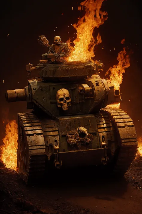 lmnrsstnk,, ground vehicle, tank, vehicle focus <lora:Leman_Russ_Battle_Tank_-_Warhammer_40000:0.6> <lora:Legion of the Damned MK1 by CARAXES:0.5> damned, skull, burning, weapon, , fire,