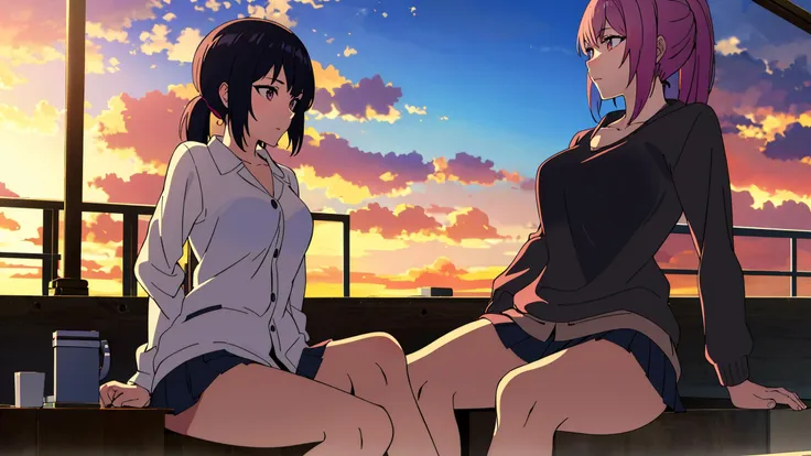 (1girl), (solo), [[huge breasts : big breasts : 5] : medium breasts : 10], braless, ponytail, (college) girl sitting on the stairs
evening, sky, orange-pink sunset, (blue sky:0.8), (volumetric:0.7) clouds, power lines, poles
(looking away), (white:0.8) underpants, short skirt, pleated skirt, skirt lift, opened jacket, (white see-through blouse), (partially bare chest), (deep neckline:0.8), hair clips
wide shot, absurdres, high resolution, (masterpiece), highest quality, high quality, higly detailed, volumetric rays, dof, bokeh, light particles 
 <lora:GoodHands-beta2:0.8> <lora:animemix_v3_offset:1> flat colors, <lora:see-through leotard:0.85>