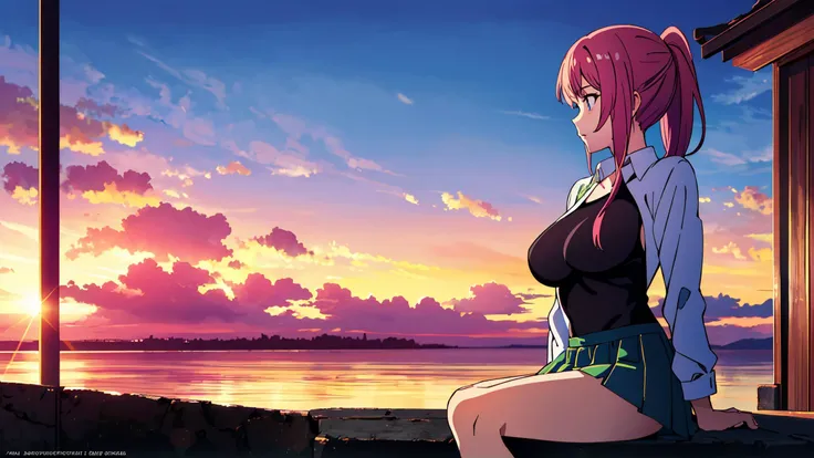 (1girl), (solo), [[huge breasts : big breasts : 5] : medium breasts : 10], braless, ponytail, (college) girl sitting on the stairs
evening, sky, orange-pink sunset, (blue sky:0.8), (volumetric:0.7) clouds, power lines, poles
(looking away), (white:0.8) underpants, short skirt, pleated skirt, skirt lift, opened jacket, (opened blouse), (partially bare chest), (deep neckline:0.8), hair clips
wide shot, absurdres, high resolution, (masterpiece), highest quality, high quality, higly detailed, volumetric rays, dof, bokeh, light particles 
 <lora:GoodHands-beta2:0.8> <lora:animemix_v3_offset:1> <lora:see-through leotard:0.65> see-through leotard