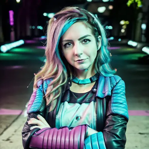 a professional photo of bnans, <lora:bnans_02_768_313samples:1>, wearing a black leather jacket, crossed arms, cyan and magenta lighting