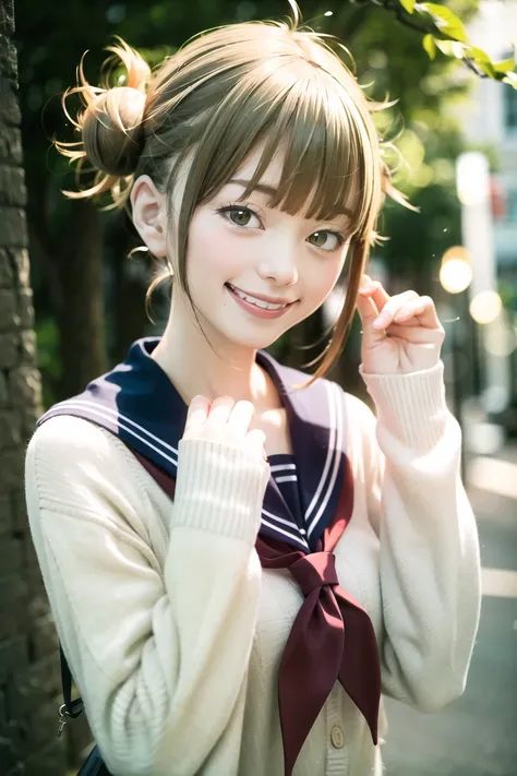 masterpiece, (photorealistic:1.4), best quality, beautiful lighting, outdoors,
toga himiko, boku no hero academia, 1girl, bags under eyes, bangs, blonde hair, blue sailor collar, blunt bangs, blush, cardigan, double bun, grin, hair bun, hand up, happy, long sleeves, looking at viewer, messy hair, neckerchief, red neckerchief, sailor collar, sanpaku, school uniform, serafuku, short hair, sidelocks,  slit pupils, smile, solo, upper body, v, yellow cardigan, yellow eyes  <lora:toga_himiko_offset:1>  <lora:japaneseDollLikeness_v10:0.5>