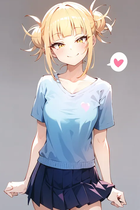 toga himiko, boku no hero academia, 1girl, artist name, bangs, blonde hair, blue shirt, blunt bangs, blush, breasts, clothes writing, collarbone, contrapposto, cowboy shot, double bun, grey background, hair bun, half-closed eyes, heart, looking at viewer, medium breasts, miniskirt, pleated skirt, shirt, short hair, short sleeves, simple background, skirt, smile, solo, spoken heart, yellow eyes, ((masterpiece))  <lora:toga_himiko_offset:1>