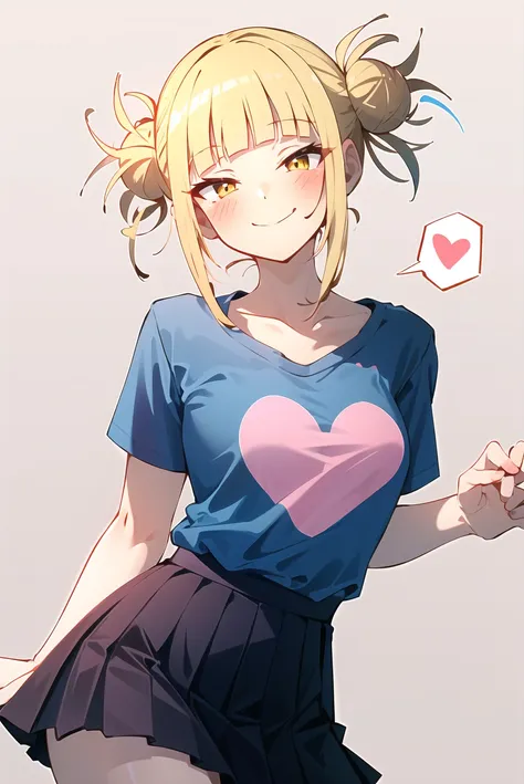 toga himiko, boku no hero academia, 1girl, artist name, bangs, blonde hair, blue shirt, blunt bangs, blush, breasts, clothes writing, collarbone, contrapposto, cowboy shot, double bun, grey background, hair bun, half-closed eyes, heart, looking at viewer, medium breasts, miniskirt, pleated skirt, shirt, short hair, short sleeves, simple background, skirt, smile, solo, spoken heart, yellow eyes, ((masterpiece))  <lora:toga_himiko_offset:1>