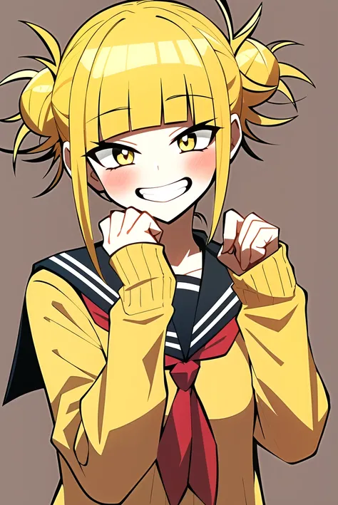 horikoshi kouhei, toga himiko, boku no hero academia, 1girl, bags under eyes, bangs, blonde hair, blue sailor collar, blunt bangs, blush, cardigan, double bun, grin, hair bun, hand up, happy, long sleeves, looking at viewer, messy hair, neckerchief, red neckerchief, sailor collar, sanpaku, school uniform, serafuku, short hair, sidelocks,  slit pupils, smile, solo, upper body, v, yellow cardigan, yellow eyes, ((masterpiece))   <lora:horikoshi_kouhei-000030:0.5> <lora:toga_himiko_offset:1>